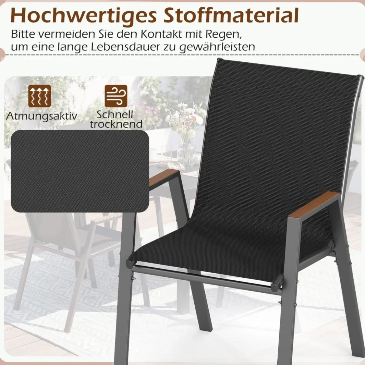 8er Set Gartenstühle Stapelstuhl Hochlehner aus Atmungsaktivem Teslin-Gewebe mit Holz Schwarz