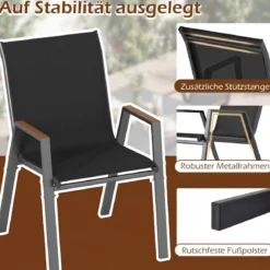 8er Set Gartenstühle Stapelstuhl Hochlehner aus Atmungsaktivem Teslin-Gewebe mit Holz Schwarz
