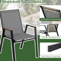 8er Set Gartenstühle Stapelstuhl Hochlehner aus Atmungsaktivem Teslin-Gewebe mit Holz Grau