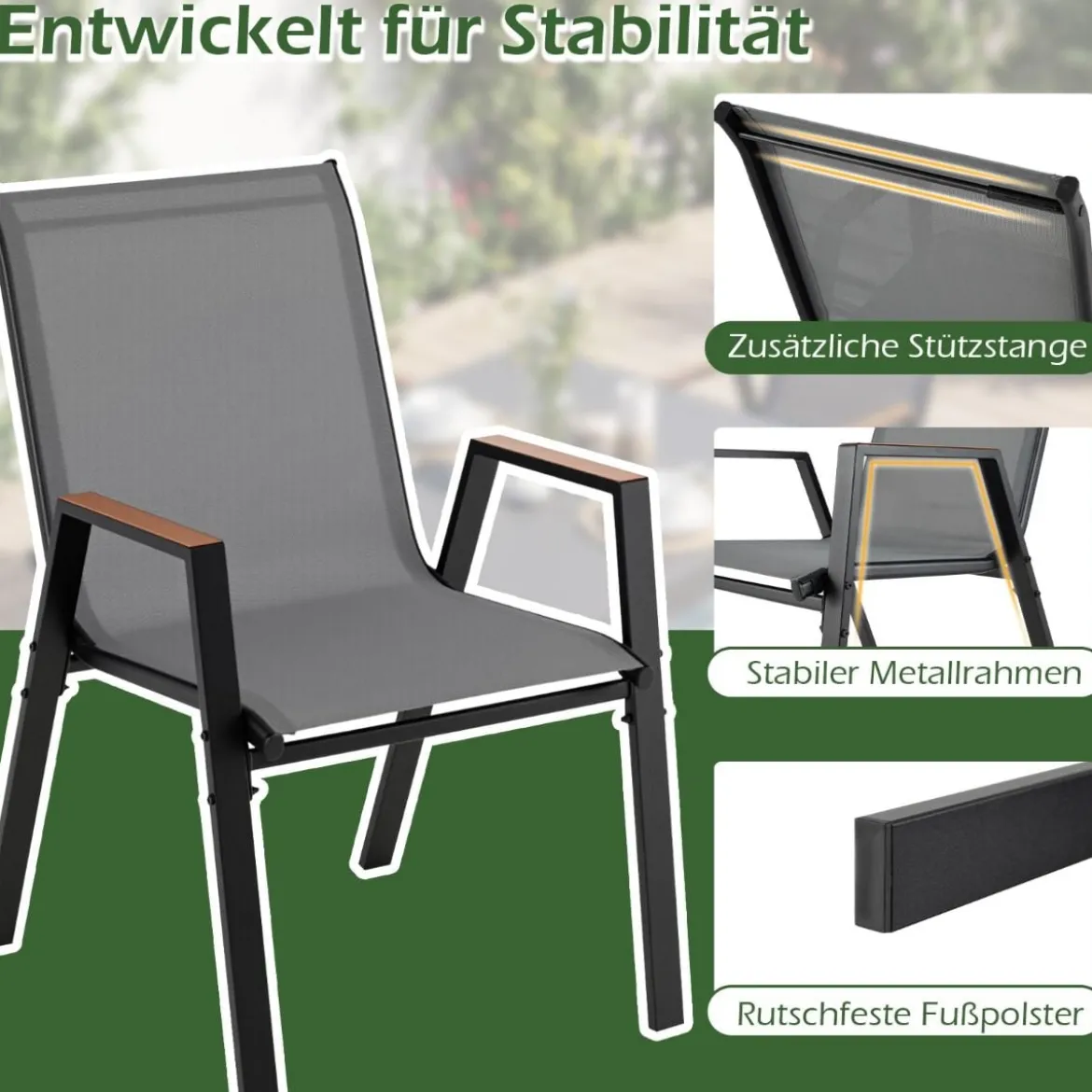8er Set Gartenstühle Stapelstuhl Hochlehner aus Atmungsaktivem Teslin-Gewebe mit Holz Grau