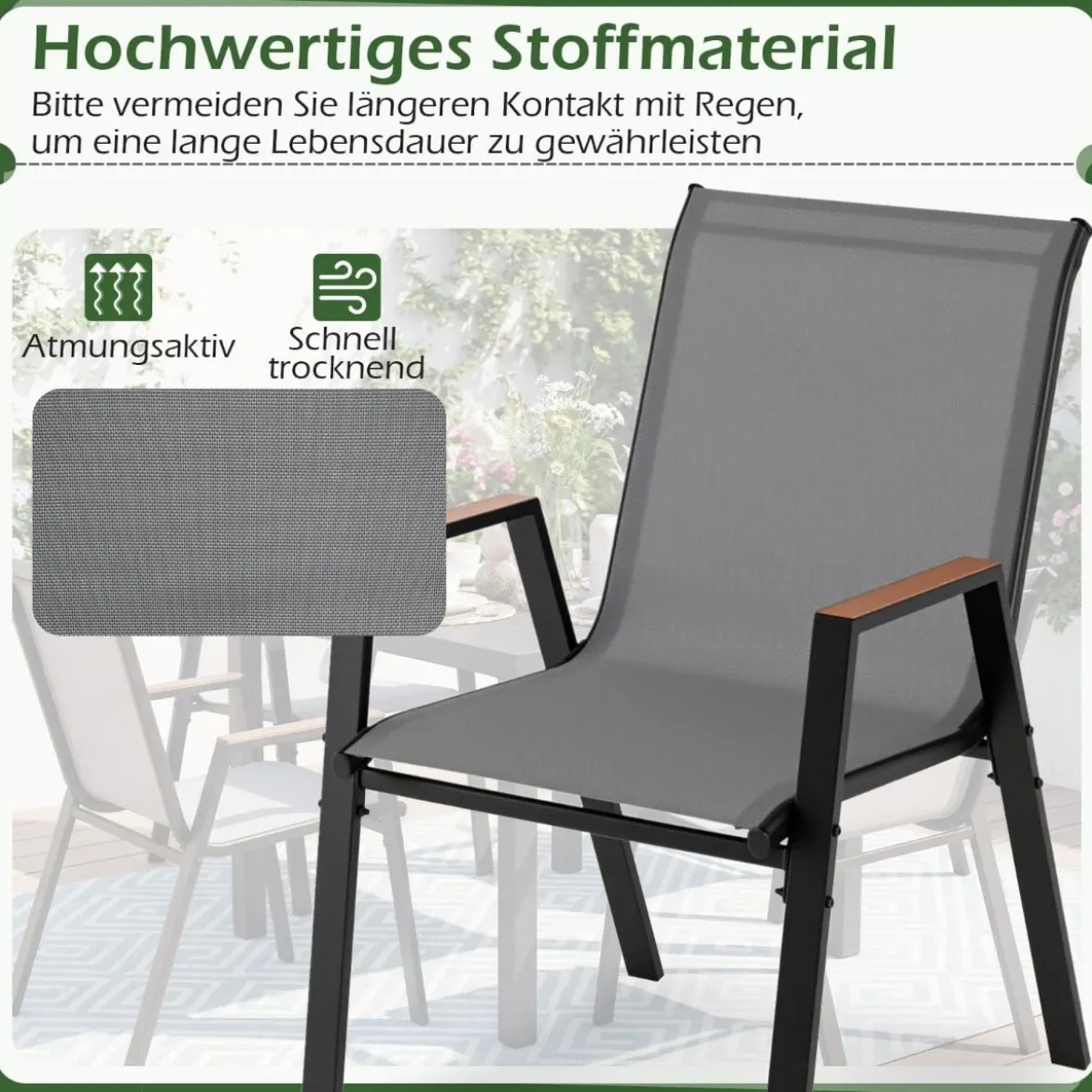 8er Set Gartenstühle Stapelstuhl Hochlehner aus Atmungsaktivem Teslin-Gewebe mit Holz Grau