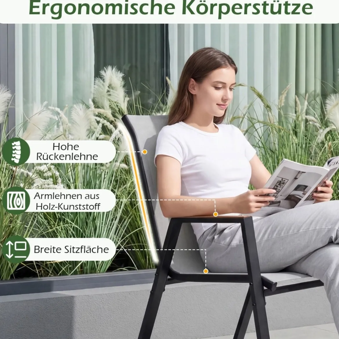8er Set Gartenstühle Stapelstuhl Hochlehner aus Atmungsaktivem Teslin-Gewebe mit Holz Grau