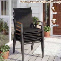4er Set Gartenstühle Stapelstuhl Hochlehner aus Atmungsaktivem Teslin-Gewebe mit Holz Schwarz