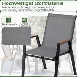 6er Set Gartenstühle Stapelstuhl Hochlehner aus Atmungsaktivem Teslin-Gewebe mit Holz Grau
