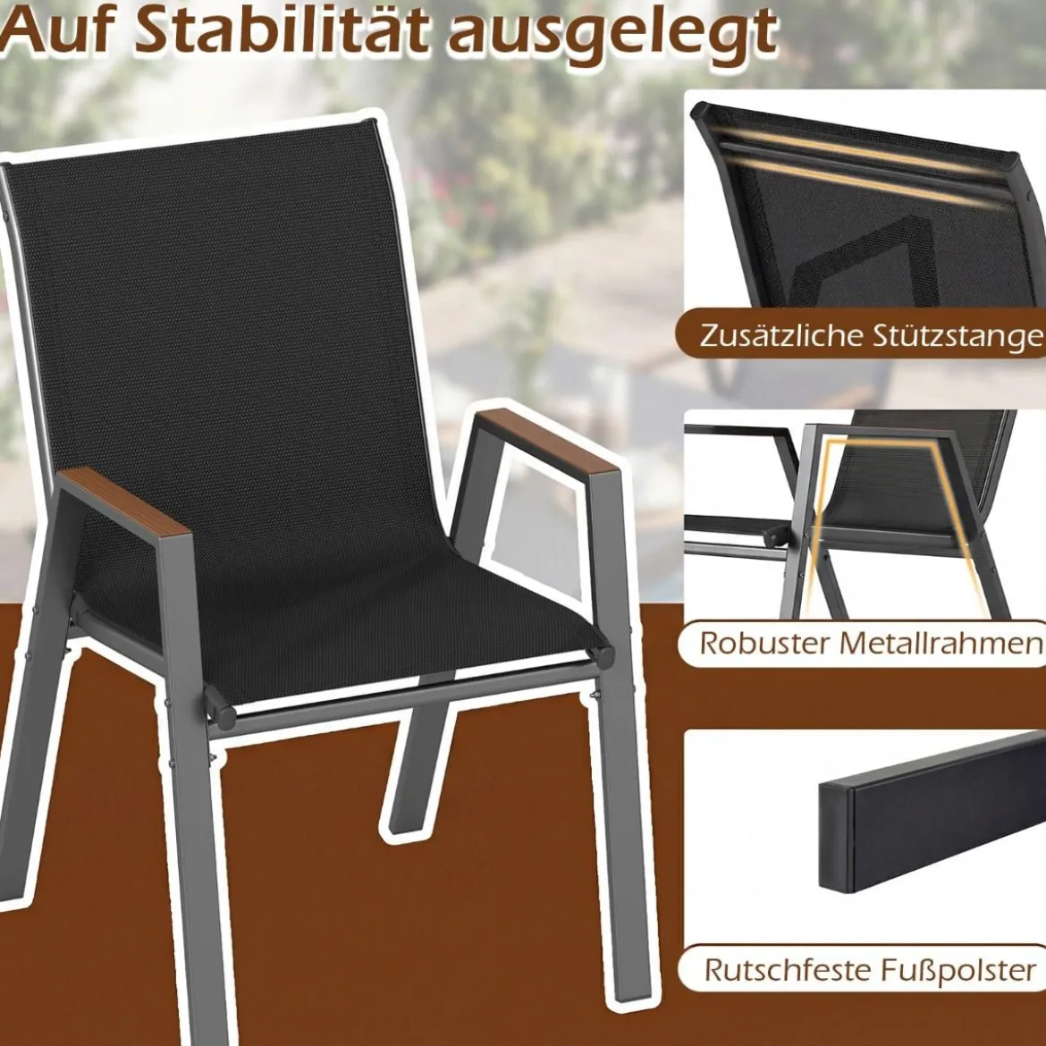 2er Set Gartenstühle Stapelstuhl Hochlehner aus Atmungsaktivem Teslin-Gewebe mit Holz Schwarz