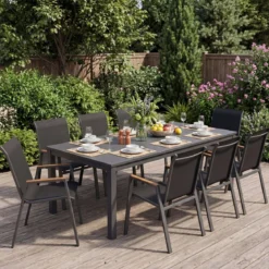 2er Set Gartenstühle Stapelstuhl Hochlehner aus Atmungsaktivem Teslin-Gewebe mit Holz Schwarz