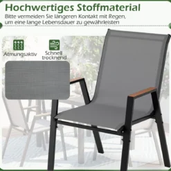 2er Set Gartenstühle Stapelstuhl Hochlehner aus Atmungsaktivem Teslin-Gewebe mit Holz Grau