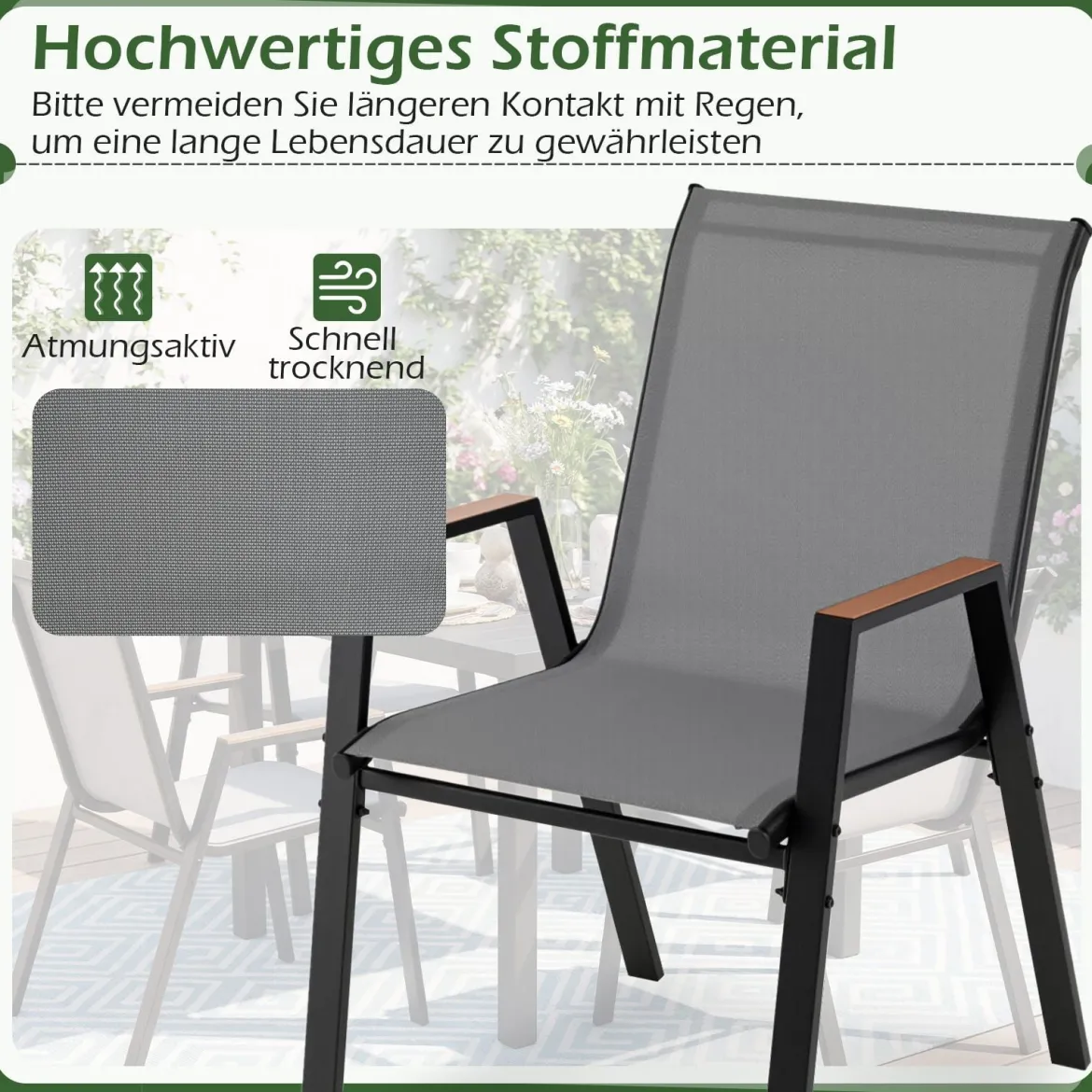 2er Set Gartenstühle Stapelstuhl Hochlehner aus Atmungsaktivem Teslin-Gewebe mit Holz Grau
