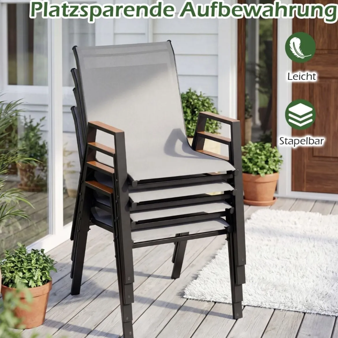 4er Set Gartenstühle Stapelstuhl Hochlehner aus Atmungsaktivem Teslin-Gewebe mit Holz Grau