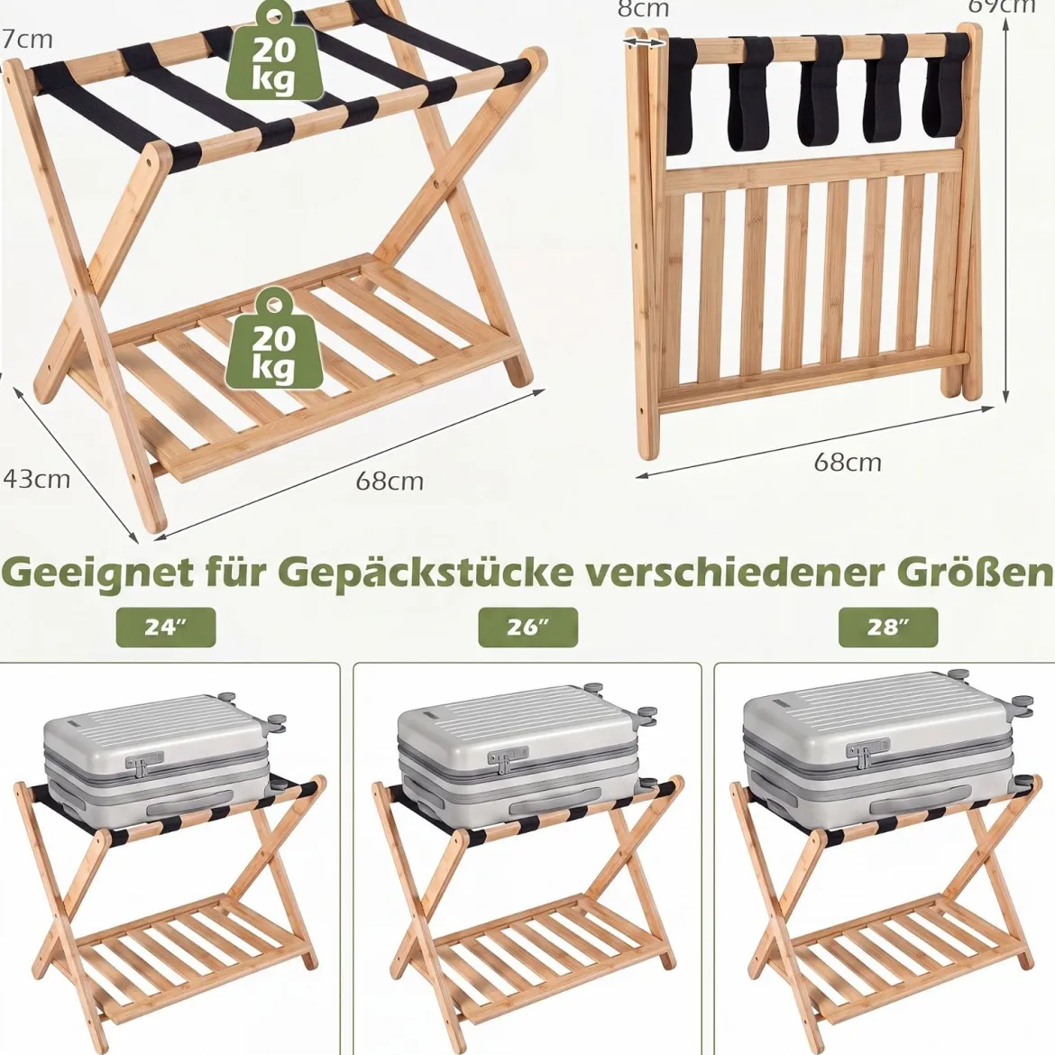 2er Set Gepäckablage Bambus Klappbarer Kofferständer mit Ablagefach Gepäckträger Natur