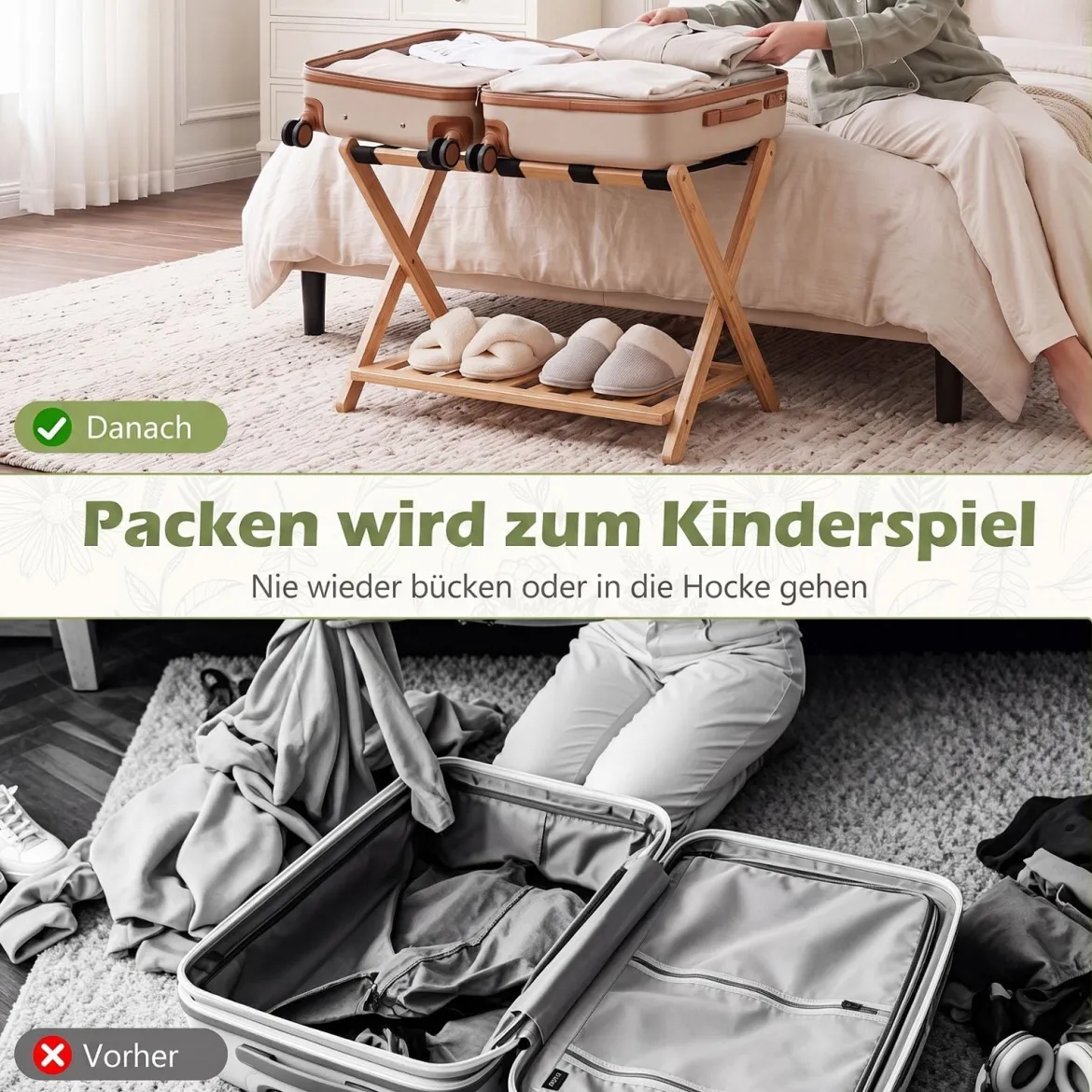 2er Set Gepäckablage Bambus Klappbarer Kofferständer mit Ablagefach Gepäckträger Natur