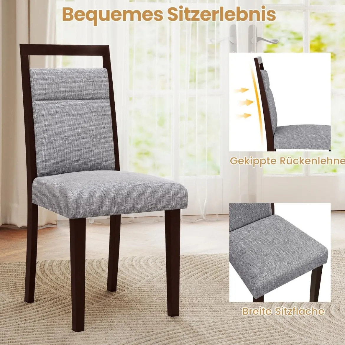 2er-Set gepolstertes Esszimmerstühle Küchenstuhl mit gepolstertem Sitz & neigbarer Rückenlehne Grau