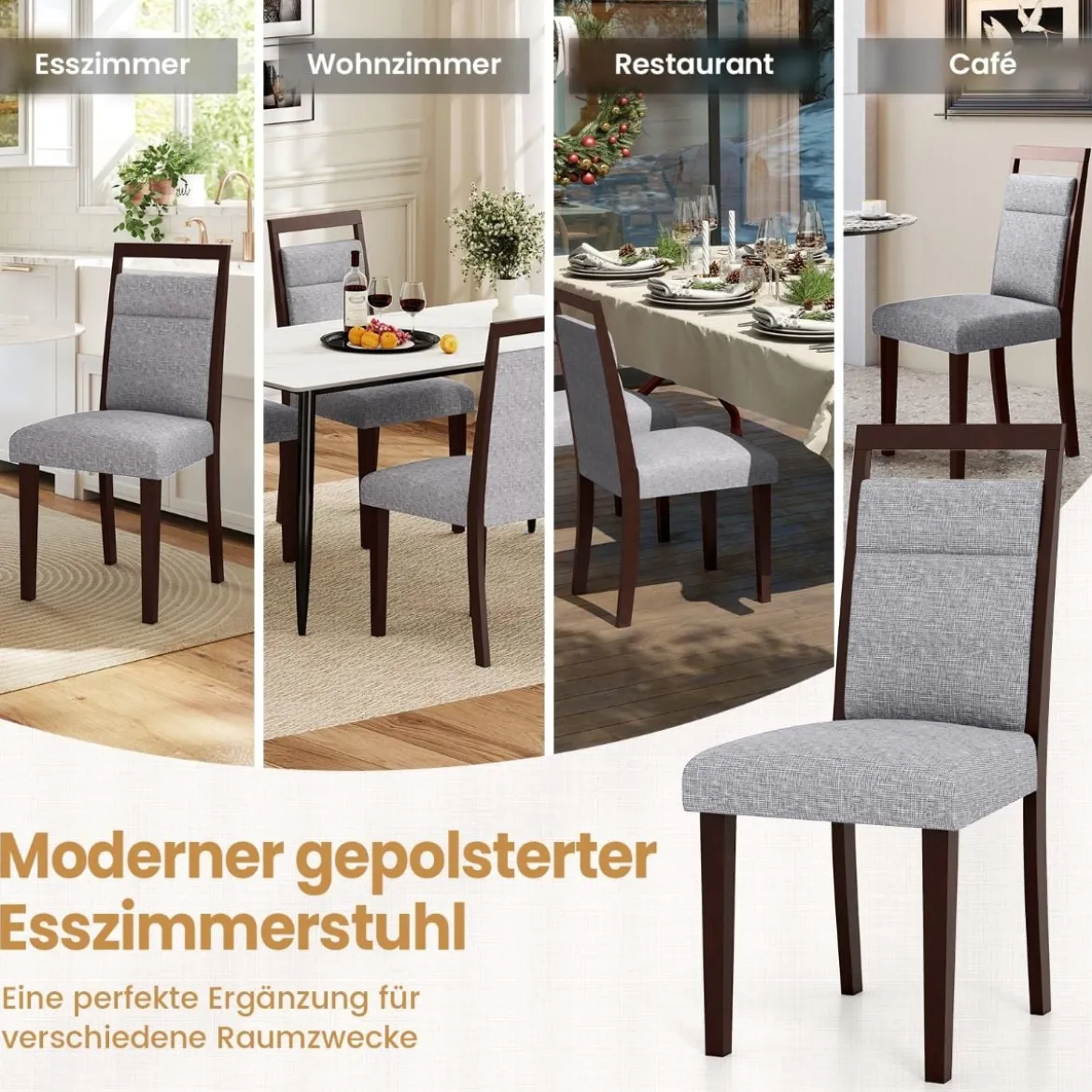 2er-Set gepolstertes Esszimmerstühle Küchenstuhl mit gepolstertem Sitz & neigbarer Rückenlehne Grau