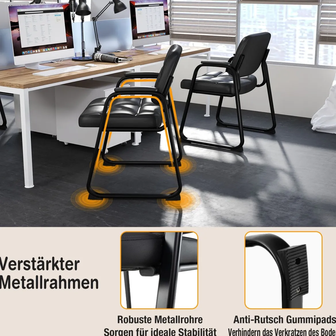 2er Set Gästestühle Ergonomischer Empfangsstuhl mit Metallrahmen & Gepolsterten Armlehnen Schwarz