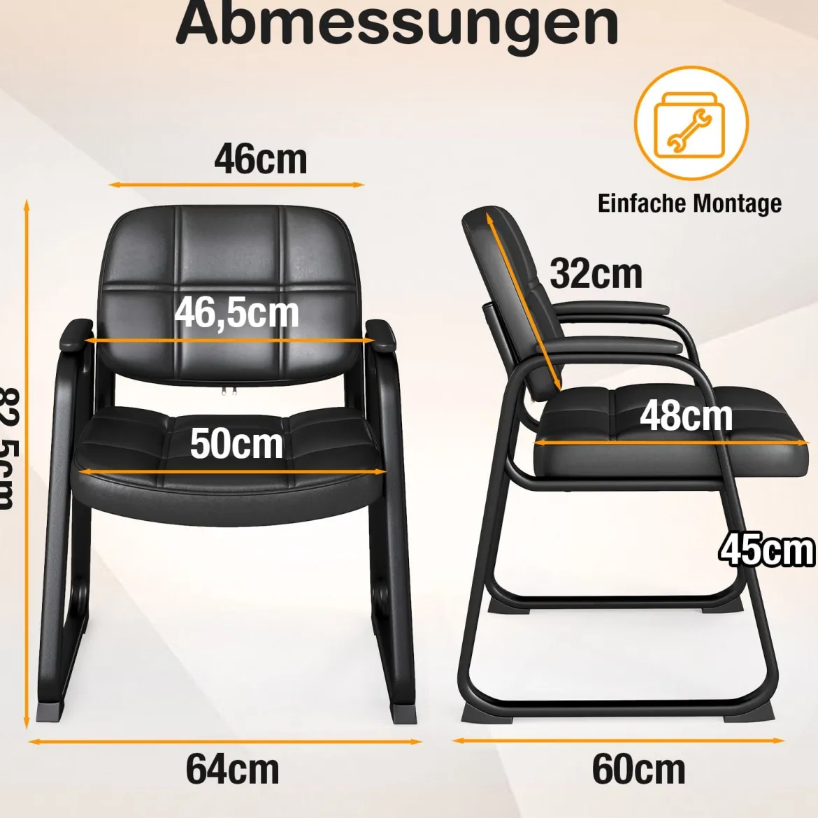 2er Set Gästestühle Ergonomischer Empfangsstuhl mit Metallrahmen & Gepolsterten Armlehnen Schwarz
