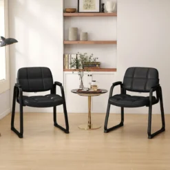 2er Set Gästestühle Ergonomischer Empfangsstuhl mit Metallrahmen & Gepolsterten Armlehnen Schwarz
