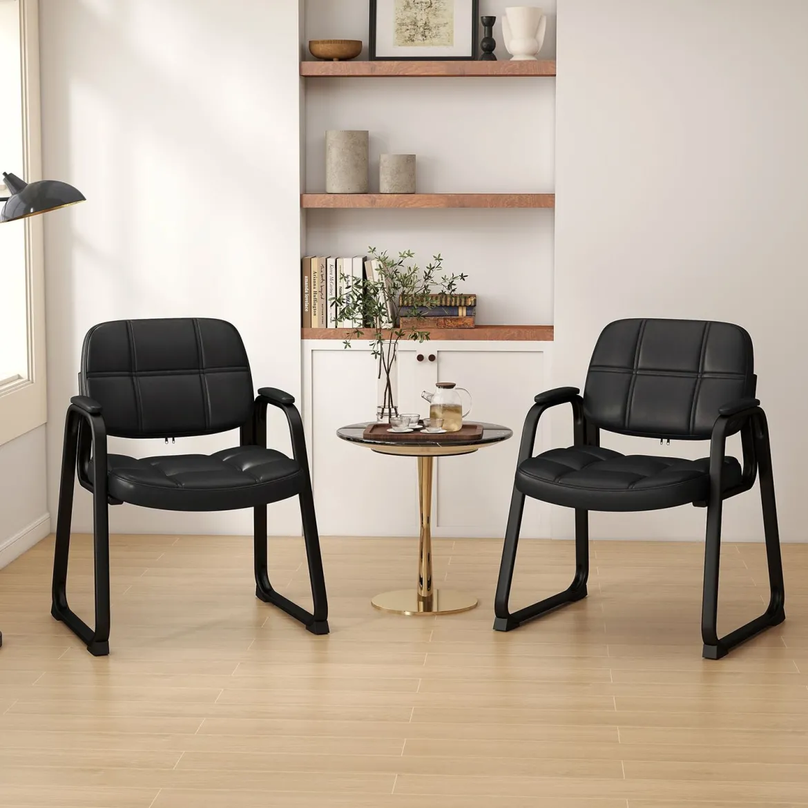 2er Set Gästestühle Ergonomischer Empfangsstuhl mit Metallrahmen & Gepolsterten Armlehnen Schwarz