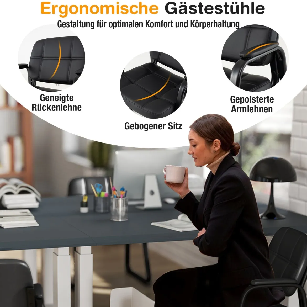 2er Set Gästestühle Ergonomischer Empfangsstuhl mit Metallrahmen & Gepolsterten Armlehnen Schwarz