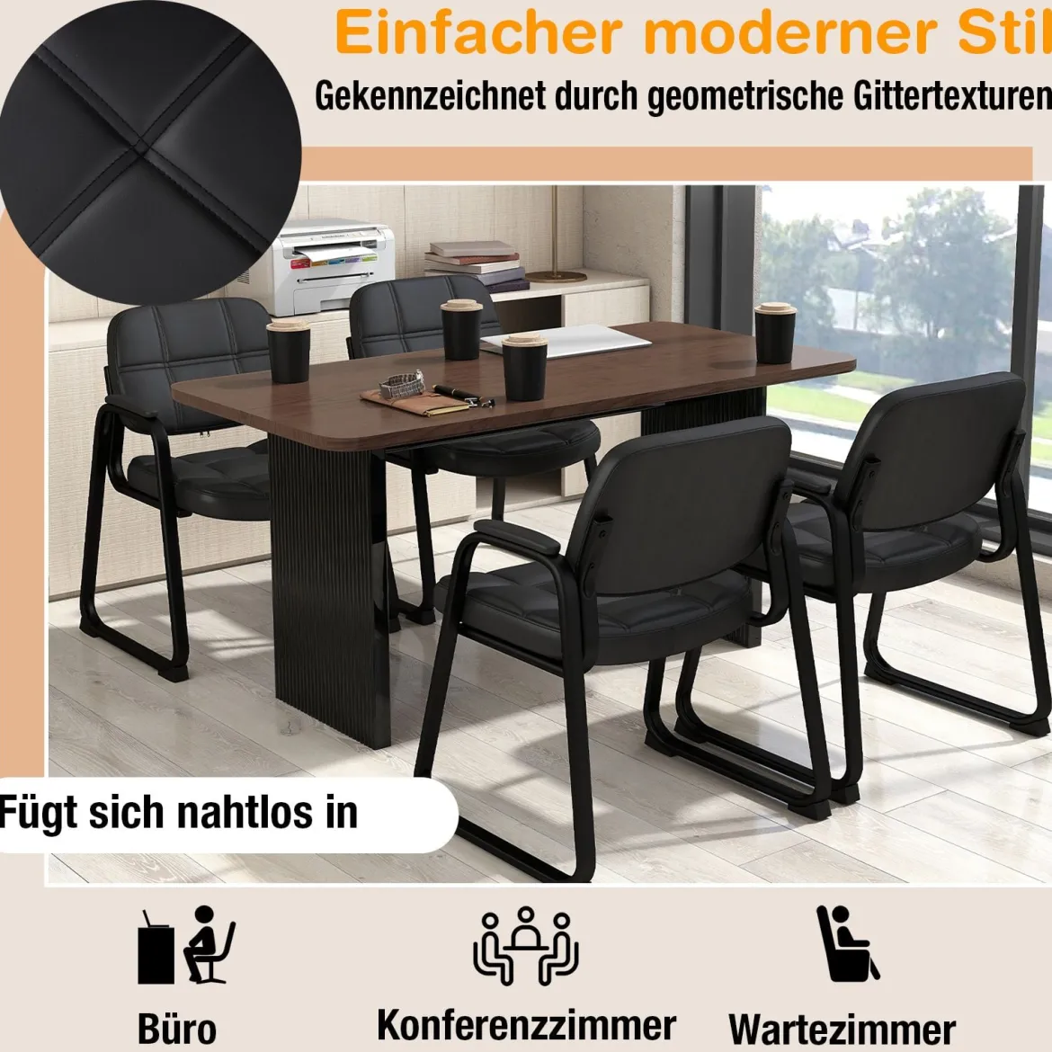 2er Set Gästestühle Ergonomischer Empfangsstuhl mit Metallrahmen & Gepolsterten Armlehnen Schwarz
