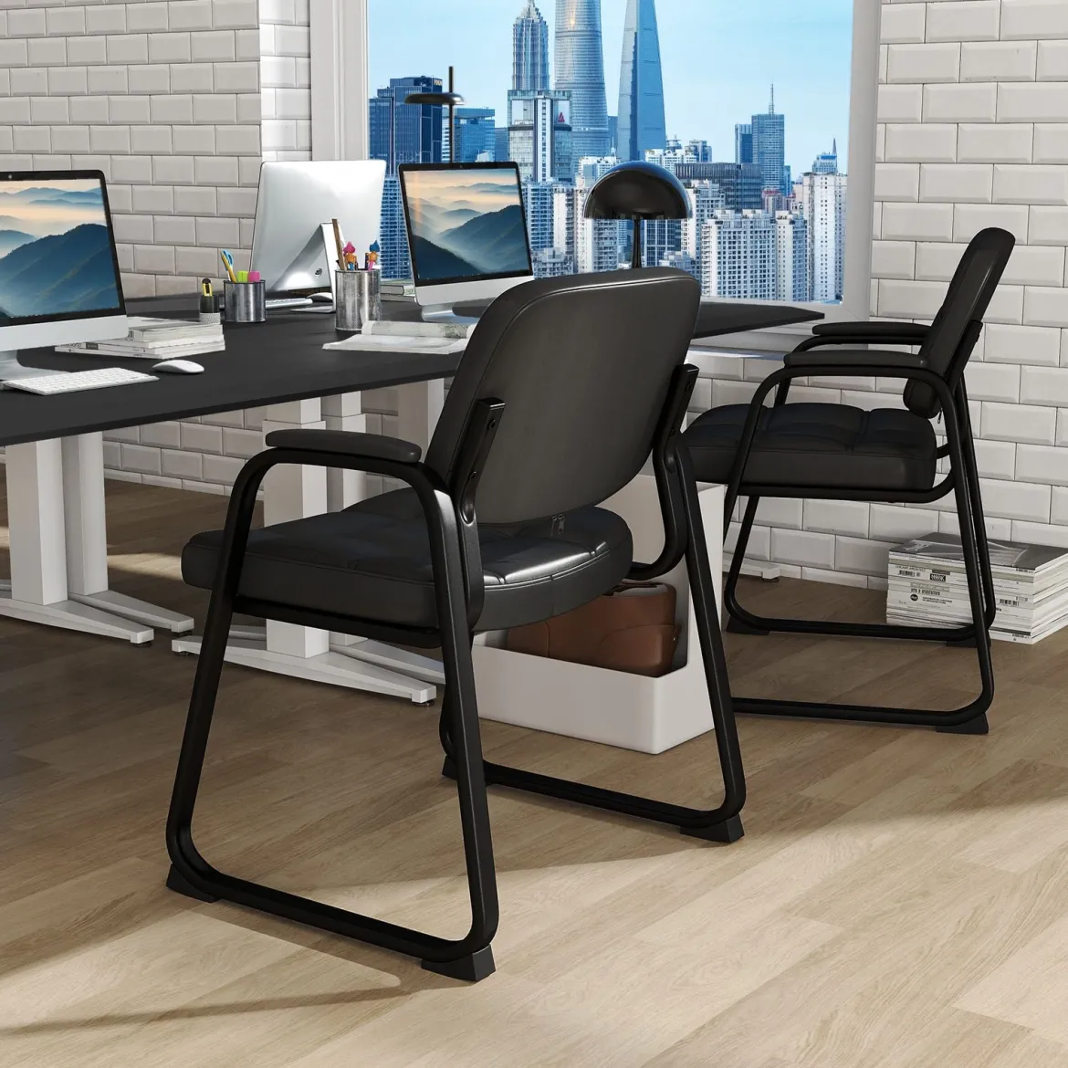2er Set Gästestühle Ergonomischer Empfangsstuhl mit Metallrahmen & Gepolsterten Armlehnen Schwarz