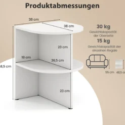 2er-Set halbrunder Beistelltisch 2-stöckige Nachttisch mit offenen Regalen Kaffeetische 38 x 38 x 485 cm Weiß