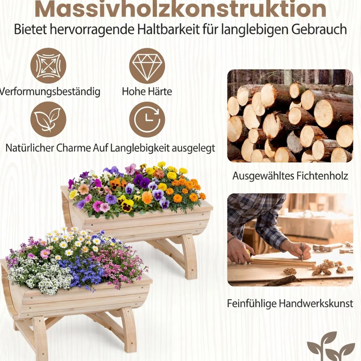 2er Set Hochbeet aus Tannenholz mit Entwässerungsloch Halbfass Blumenkasten