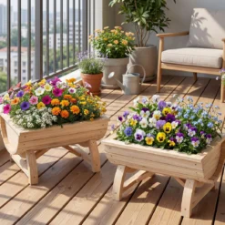 2er Set Hochbeet aus Tannenholz mit Entwässerungsloch Halbfass Blumenkasten