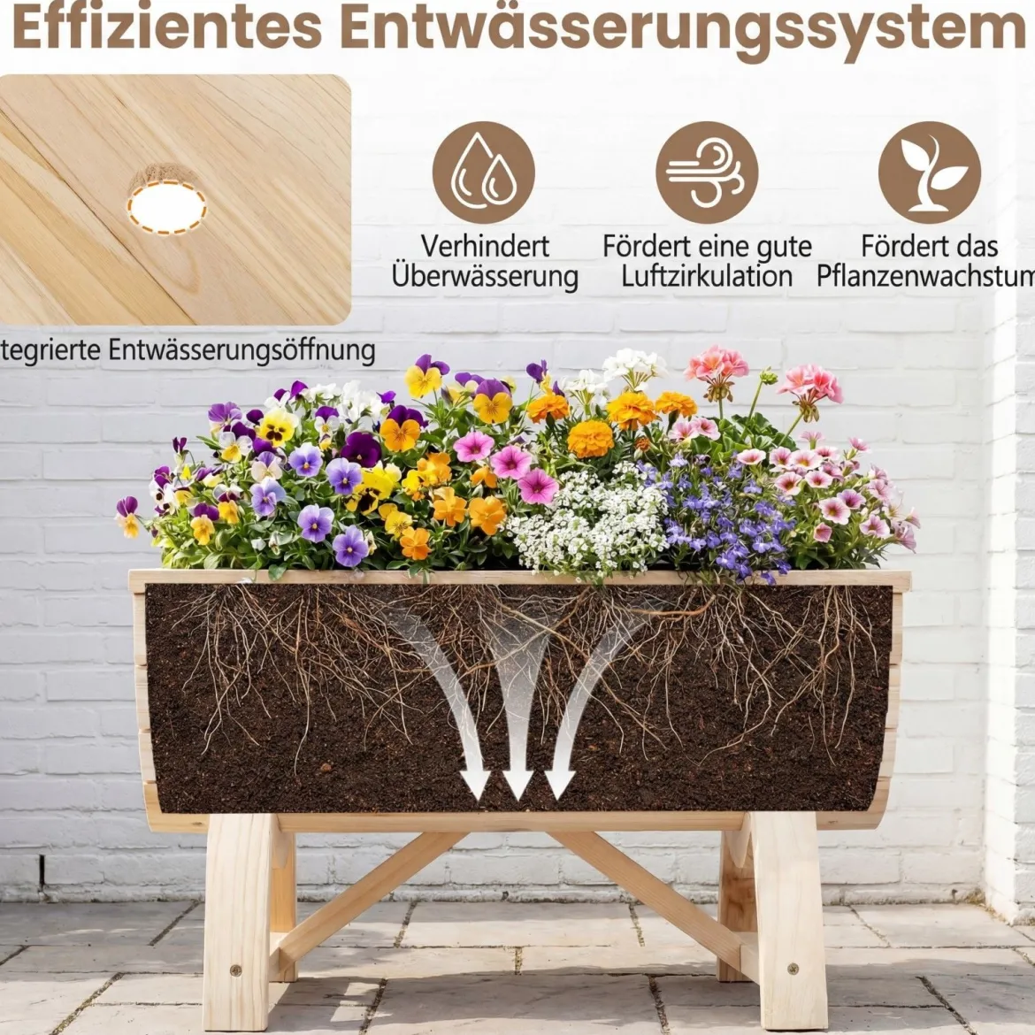 2er Set Hochbeet aus Tannenholz mit Entwässerungsloch Halbfass Blumenkasten