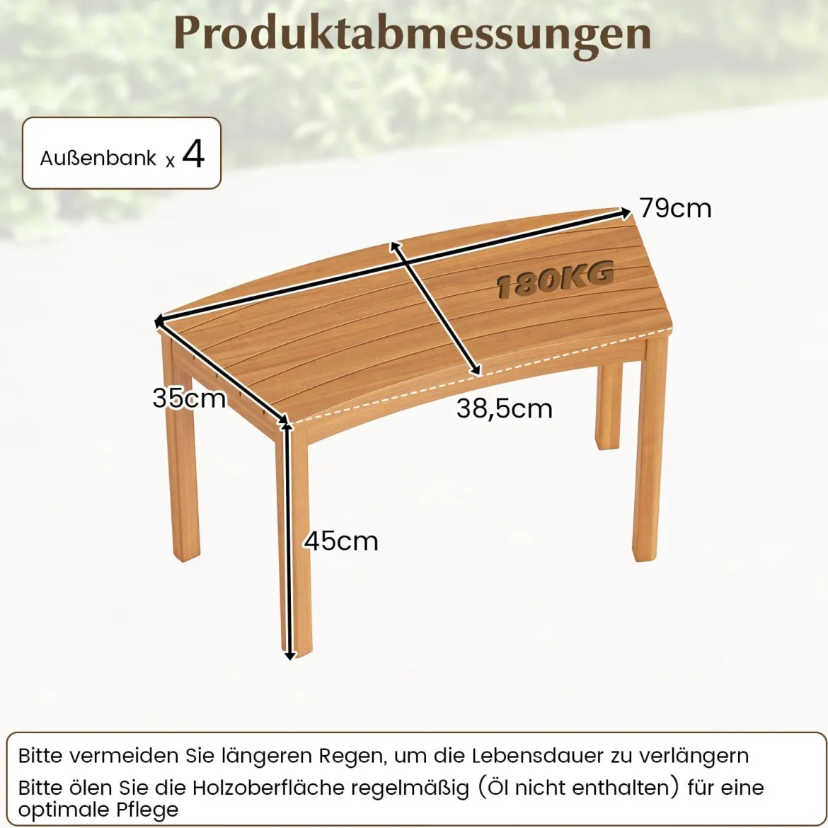4er Set Holz Gartenbank ohne Rückenlehne Sitzbank Gebogene Holzbank Parkbank Natur
