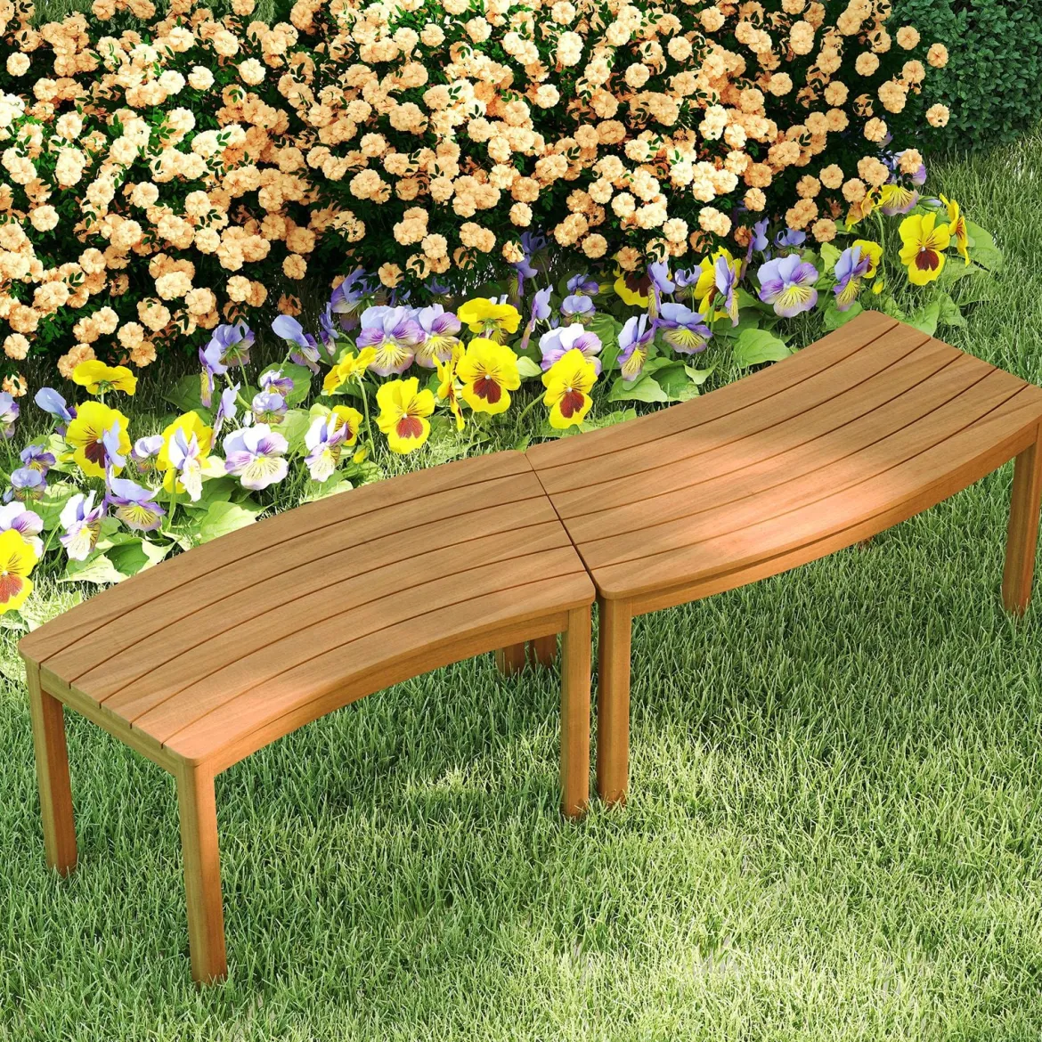 4er Set Holz Gartenbank ohne Rückenlehne Sitzbank Gebogene Holzbank Parkbank Natur