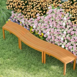 2er Set Holz Gartenbank ohne Rückenlehne Sitzbank Gebogene Holzbank Parkbank Natur