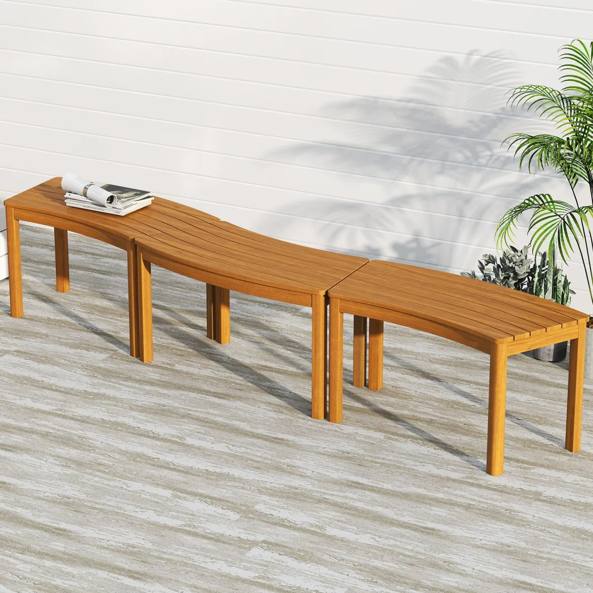 2er Set Holz Gartenbank ohne Rückenlehne Sitzbank Gebogene Holzbank Parkbank Natur