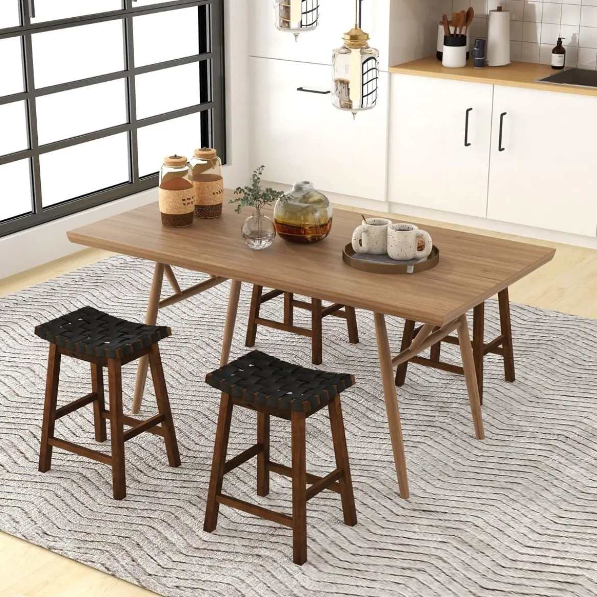 2er Set Holz Hocker mit PU-Gewebe & Geschwungener Sitzfläche & Fußstütze Barhocker