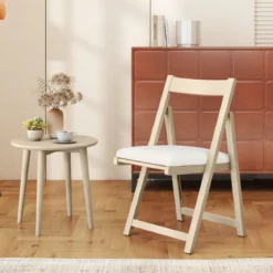 2er Set Holz Klappstühle mit Kissen Armless Stapelbare Esszimmerstühle Gepolsterte Stühle Natur