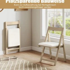 2er Set Holz Klappstühle mit Kissen Armless Stapelbare Esszimmerstühle Gepolsterte Stühle Natur