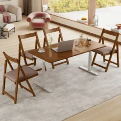 2er Set Holz Klappstühle mit Kissen Armless Stapelbare Esszimmerstühle Gepolsterte Stühle Walnuss