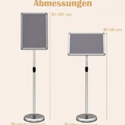 2er Set Infoständer A3 87–137 cm Höhenverstellbarer Menükartenhalter Drehbar mit Befüllbarem Sockel Silber