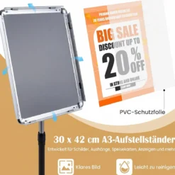 2er Set Infoständer A3 87–137 cm Höhenverstellbarer Menükartenhalter Drehbar mit Befüllbarem Sockel Silber