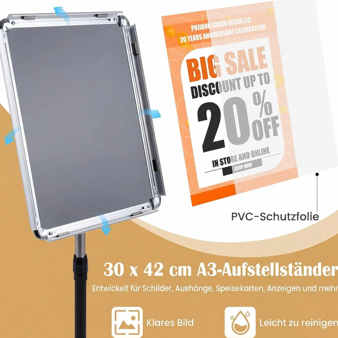 2er Set Infoständer A3 87–137 cm Höhenverstellbarer Menükartenhalter Drehbar mit Befüllbarem Sockel Silber