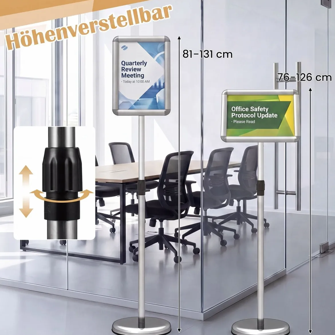 2er Set Infoständer A4 81–131 cm Höhenverstellbarer Menükartenhalter Drehbar mit Befüllbarem Sockel Silber