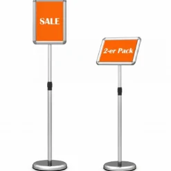 2er Set Infoständer A4 81–131 cm Höhenverstellbarer Menükartenhalter Drehbar mit Befüllbarem Sockel Silber