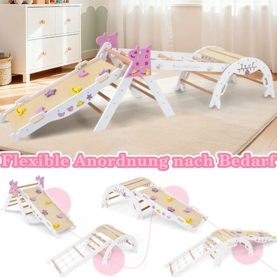 4er Set 9-in-1 Klettergerüst mit Rutsche & Kletterbogen & Netz Klappabres Kletterdreieck Weiß