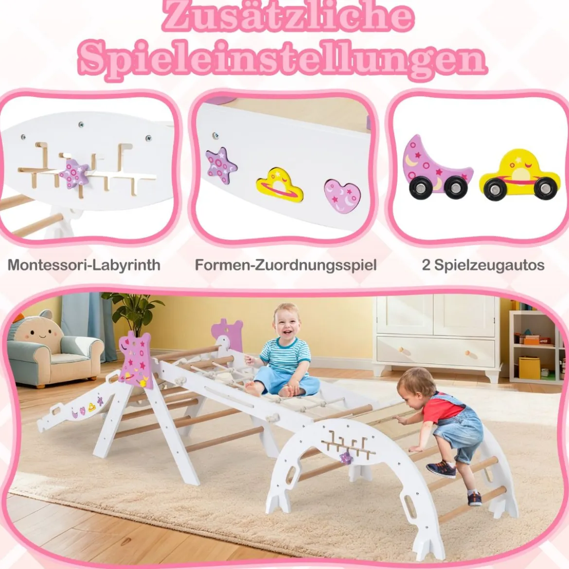 4er Set 9-in-1 Klettergerüst mit Rutsche & Kletterbogen & Netz Klappabres Kletterdreieck Weiß