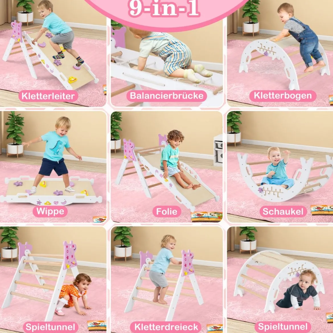 4er Set 9-in-1 Klettergerüst mit Rutsche & Kletterbogen & Netz Klappabres Kletterdreieck Weiß