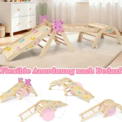 4er Set 9-in-1 Klettergerüst mit Rutsche & Kletterbogen & Netz Klappabres Kletterdreieck Natur