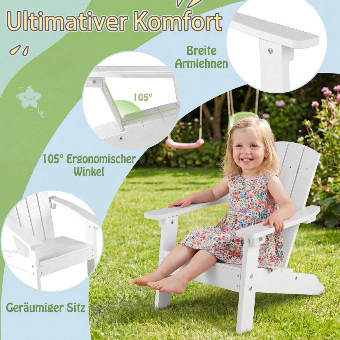 2er Set Kinder Adirondack Stuhl aus HIPS Gartenstuhl mit Ergonomischer Rückenlehne Weiß