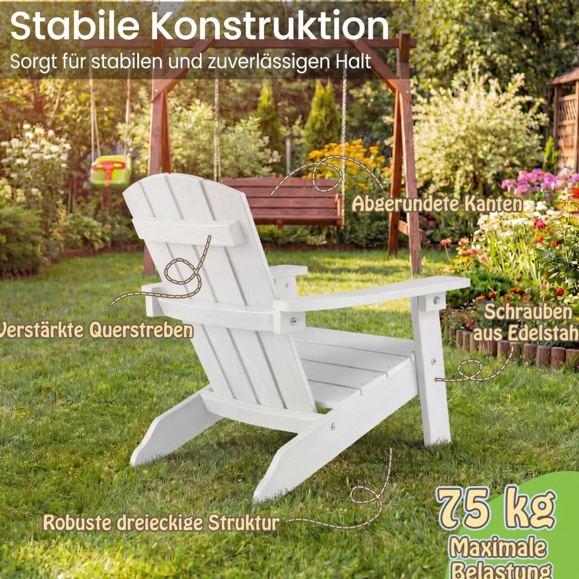 2er Set Kinder Adirondack Stuhl aus HIPS Gartenstuhl mit Ergonomischer Rückenlehne Weiß