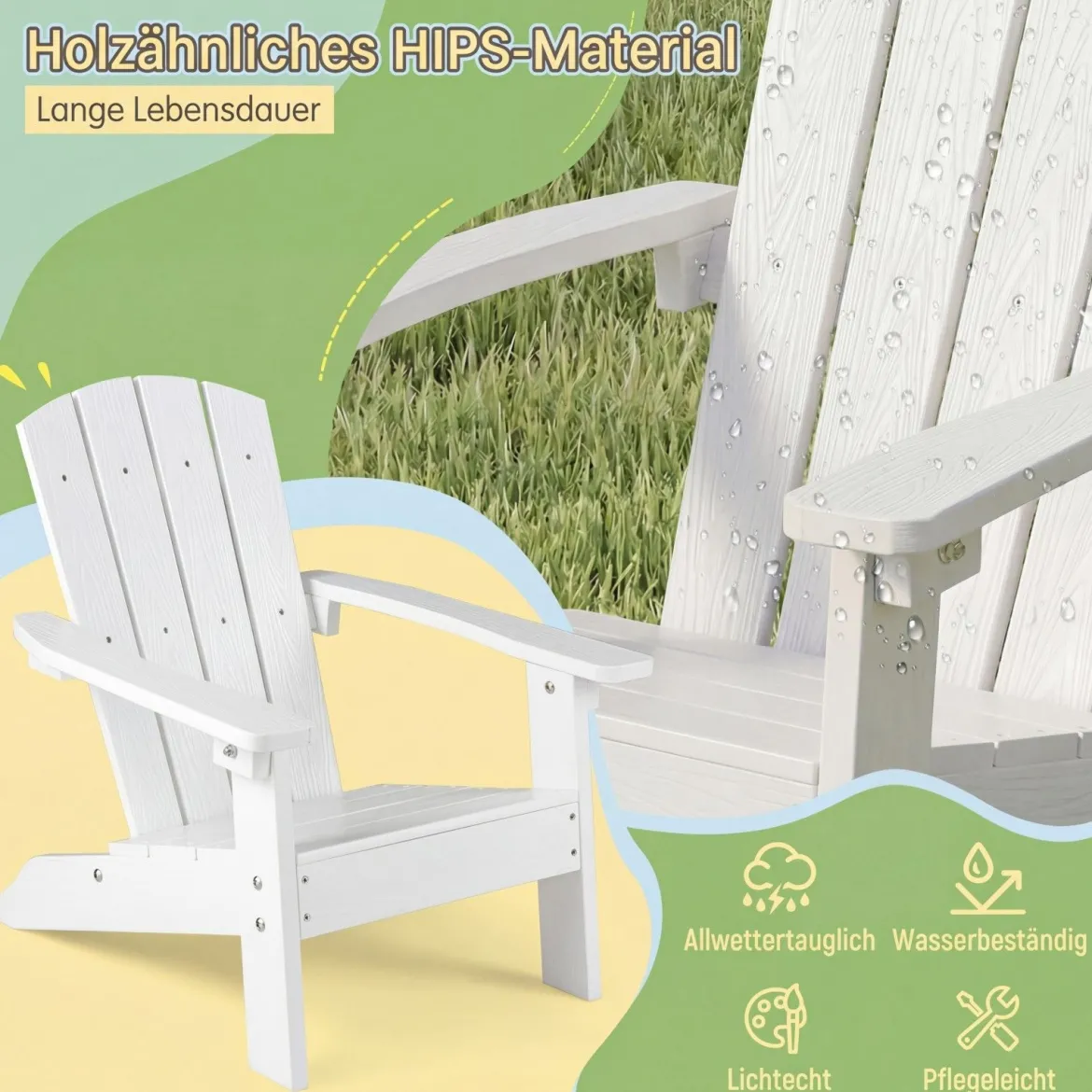2er Set Kinder Adirondack Stuhl aus HIPS Gartenstuhl mit Ergonomischer Rückenlehne Weiß