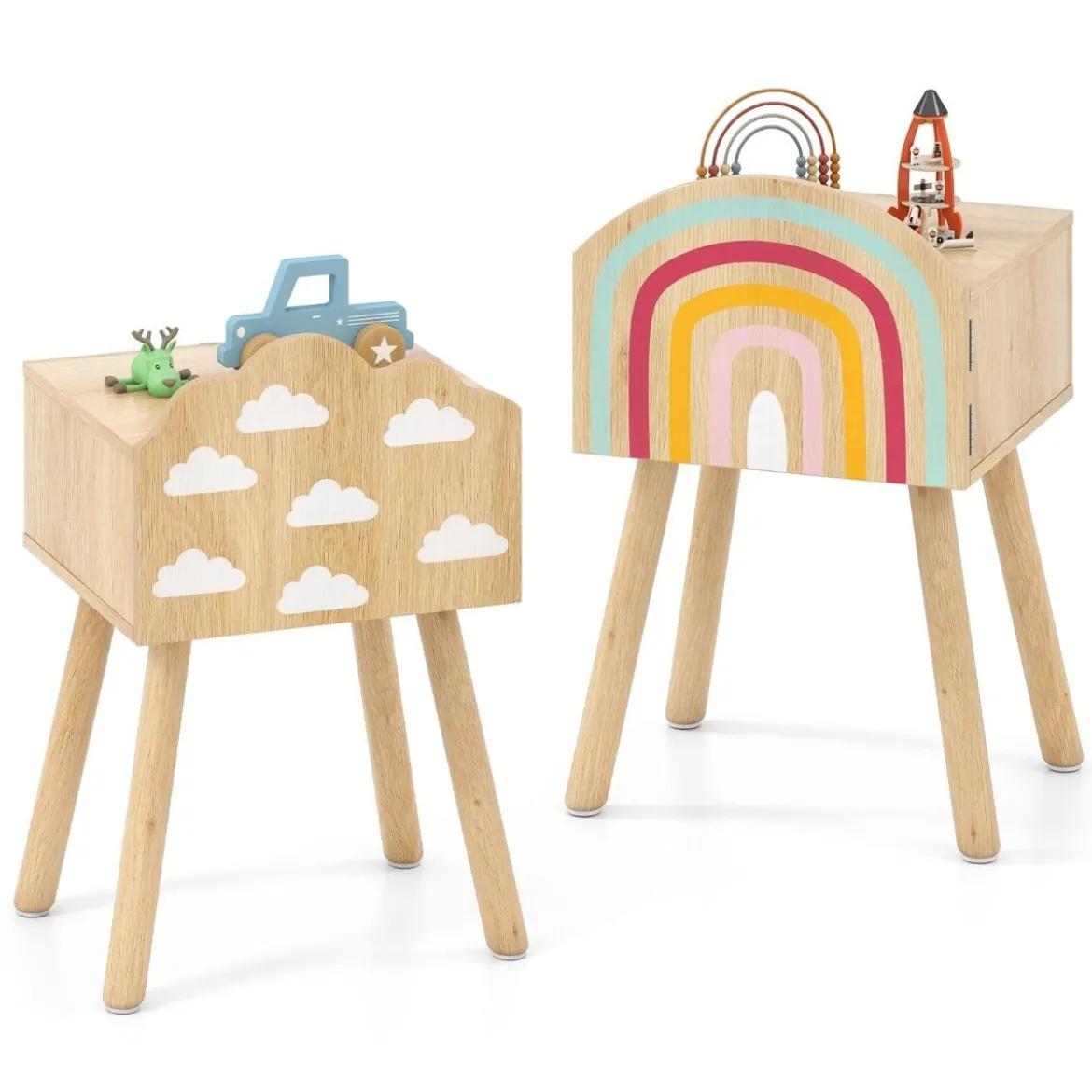 2 er Set Kinder Nachttisch Nachtschrank mit kleinem Schrank & Massivholzbeinen Beistelltisch niedlich 34 x 30 x 54 cm