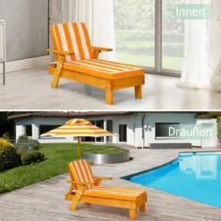 2er Set Kinder Sonnenliege mit Sonnenschirm Kinderliege Holz 92 x 49 x 106 cm Gelb + Weiß